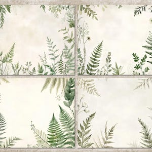 May include: Four rectangular cards with a watercolor design. Each card features a cream-colored background with green fern and foliage accents around the edges. The botanical theme creates a natural, elegant aesthetic.