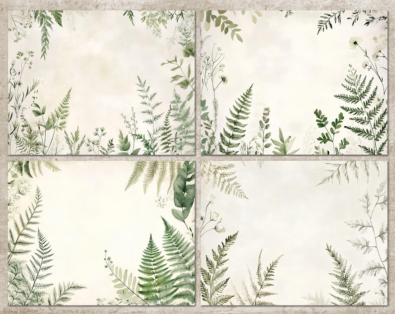 May include: Four rectangular cards with a watercolor design. Each card features a cream-colored background with green fern and foliage accents around the edges. The botanical theme creates a natural, elegant aesthetic.