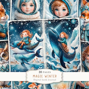 Kit de diario basura de invierno mágico, diario de páginas mágicas de invierno, papel imprimible de invierno, papel de scrapbooking de animales, hoja de collage digital