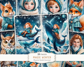 Magic Winter Junk Journal Kit, Magic Winter Pages Journal, Winter Printable Paper, Animals Scrapbooking paper, Digital Collage Sheet