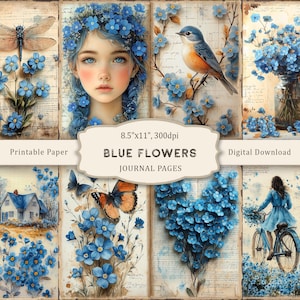 Puede incluir: Una colección de páginas de diario imprimibles con flores azules, mariposas, un pájaro y una niña con detalles de flores azules. Las páginas miden 21,6 cm x 27,9 cm e incluyen el texto "Blue Flowers Journal Pages" y "Digital Download". El tema general es vintage y floral.