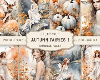 May include: A digital download of six printable journal pages featuring watercolor illustrations of fairies in an autumn forest setting. The pages include images of fairies with wings, pumpkins, and fall foliage. The text "Autumn Fairies 1 Journal Pages" is included in the image.