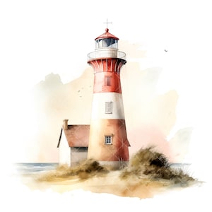 Puede incluir: Una pintura de acuarela de un faro rojo y blanco en una playa de arena con una peque&ntilde;a casa a su lado. El faro tiene una cruz blanca en la parte superior y una peque&ntilde;a ventana en el lateral. La playa est&aacute; cubierta de hierba marr&oacute;n y el cielo es azul claro con algunas nubes.