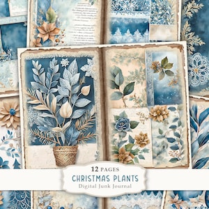 Kit diario spazzatura di piante natalizie, pagine di diario spazzatura di Natale, carta scrapbooking piante invernali, foglio di collage digitale, download digitale