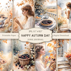 Autumn Day Junk Journal Kit, Watercolor Autumn Printable Pages, Scrapbooking Paper, Fall Collage Sheet, Vintage Ephemera, Digital download