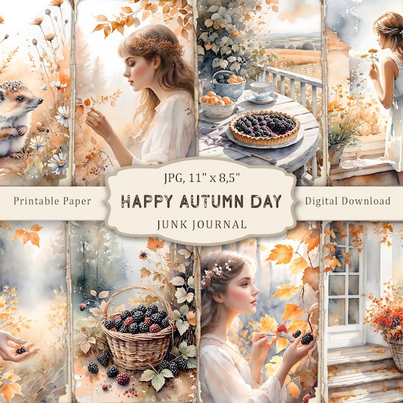 Autumn Day Junk Journal Kit, Watercolor Autumn Printable Pages, Scrapbooking Paper, Fall Collage Sheet, Vintage Ephemera, Digital download