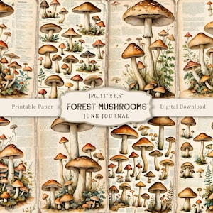 Bospaddestoelen Junk Journal Kit, vintage paddestoelen afdrukbare pagina's, paddestoelen scrapbookingpapier, collage botanisch blad, vintage ephemera