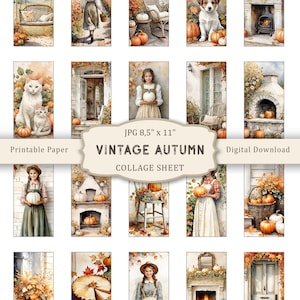 May include: A digital collage sheet with 16 images featuring autumn themes. The images include pumpkins, fall leaves, a fireplace, a rocking chair, a cat, a dog, and people in autumn clothing. The collage sheet is 8.5 inches by 11 inches and is a printable digital download.