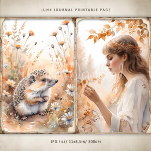 May include: A printable junk journal page with a watercolor illustration of a hedgehog in a field of flowers on the left side and a watercolor illustration of a woman with long blonde hair holding a flower in a forest on the right side. The text "JUNK JOURNAL PRINTABLE PAGE" is at the top of the page.