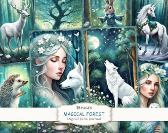 Magical Forest- 18 Pages Junk Journal Kit, Fantastic Forest Journal Pages, Forest Animals Journal Printable Paper, Digital Collage Sheet