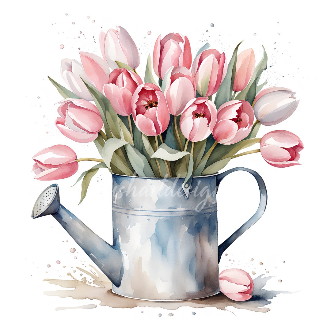 Spring Flowers Clipart, Watercolor Tulips, Bouquet in Lake, Garden Art ...
