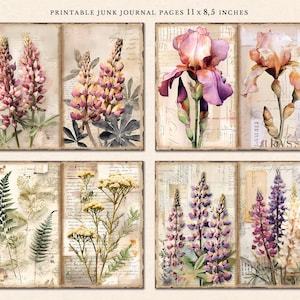 May include: Six printable junk journal pages featuring vintage botanical illustrations. The pages include images of lupine flowers, irises, ferns, and wildflowers. The pages are printed on a textured paper with a vintage aesthetic.