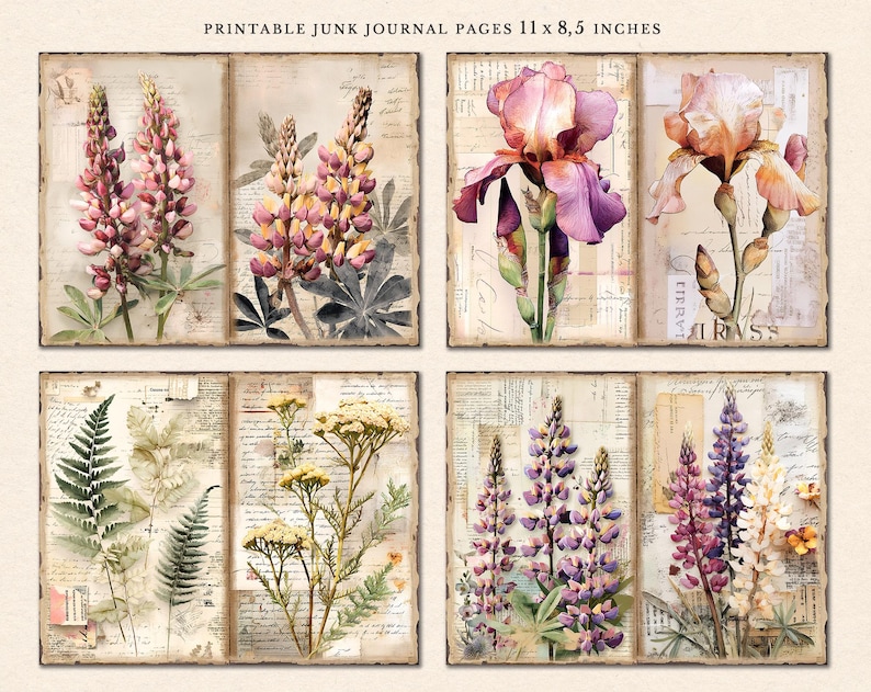 May include: Six printable junk journal pages featuring vintage botanical illustrations. The pages include images of lupine flowers, irises, ferns, and wildflowers. The pages are printed on a textured paper with a vintage aesthetic.