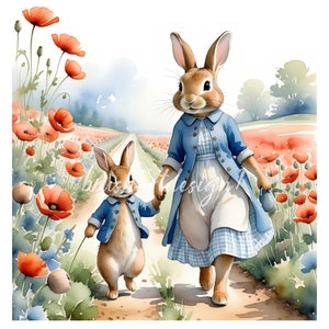 11 Peter Rabbit im Mohnblumen Clipart, Beatrix Potter Stil, Sommer Clipart, Hasen Clipart, Kartenherstellung, Papierhandwerk, Junk Journal, Hasen JPG