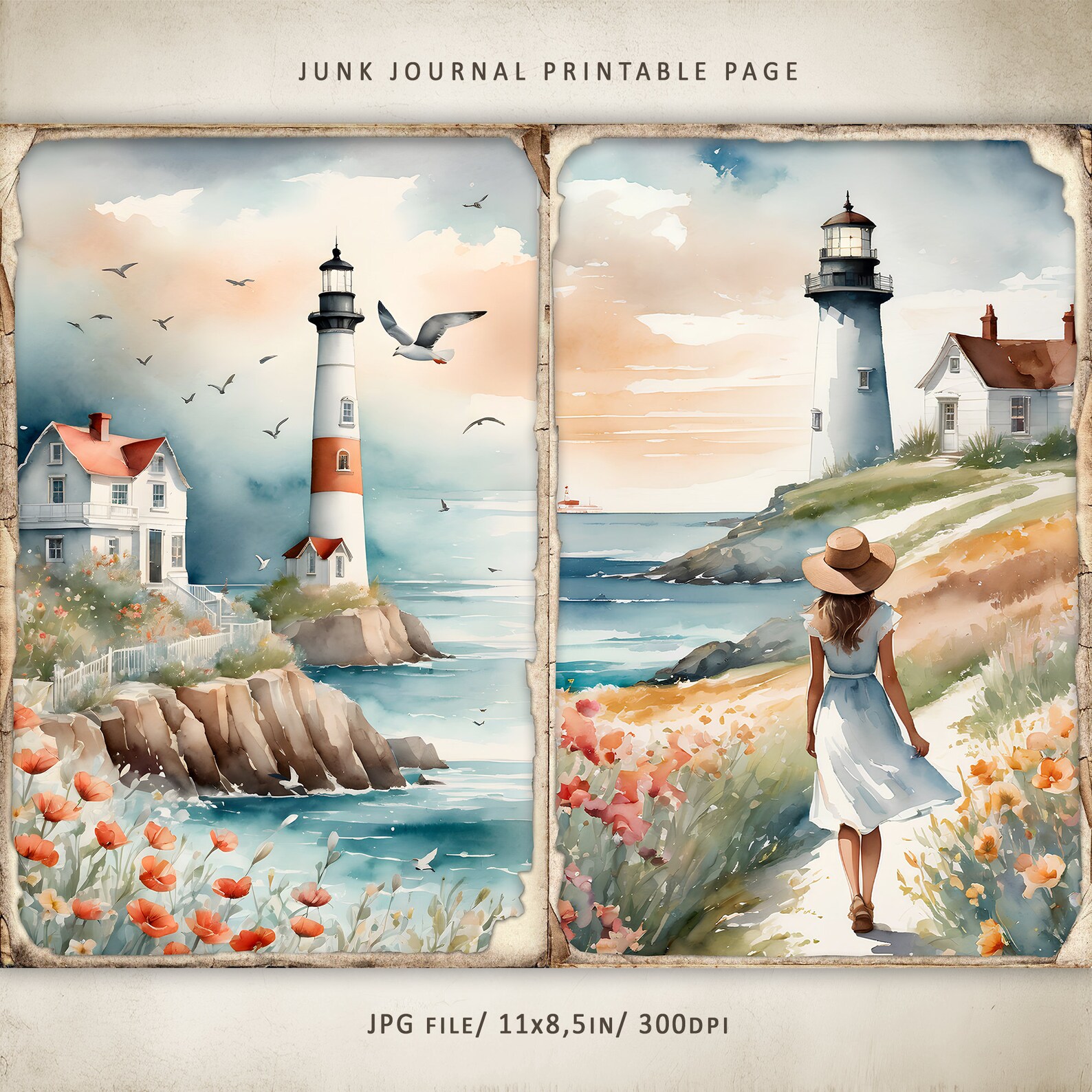 Whisper Lighthouse-1 Junk Journal Kit, Watercolor Lighthouse Printable ...