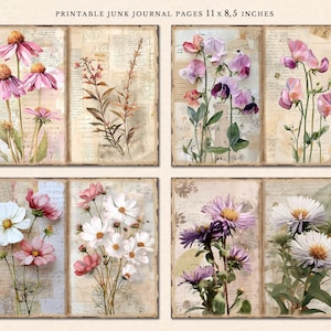 May include: Printable junk journal pages featuring watercolour illustrations of various flowers, including pink coneflowers, white cosmos, purple sweet peas, and purple asters. The pages are printed on a vintage-style background with handwritten text.