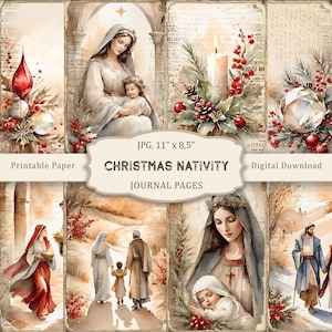 Pagine di diario di Natale sulla natività, pagine di Natale sulla natività, carta per album di Natale, collage stampabile di Natale, effimeri invernali