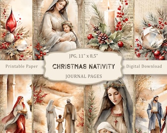 Puede incluir: Un conjunto de seis páginas de diario imprimibles con ilustraciones de acuarela de la escena de la Natividad. Las páginas incluyen imágenes de María y José, el niño Jesús, una vela y un adorno navideño. El texto "JPG, 11" x 8.5" CHRISTMAS NATIVITY JOURNAL PAGES" está impreso en las páginas.