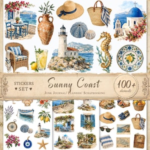 May include: A collection of watercolor stickers titled Sunny Coast 100+ elements, featuring Mediterranean coastal scenes, a lighthouse, a straw hat, a woven tote, a seahorse, sea urchins, lemons, a wicker chair, and various nautical motifs.