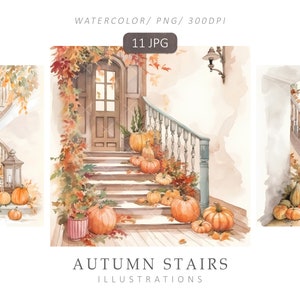 Imágenes Prediseñadas de escaleras de otoño, Imágenes prediseñadas de otoño acogedor, Imágenes prediseñadas de acuarela de otoño, Creación de tarjetas, JPG de alta calidad, Arte de papel, Diario basura, Digital