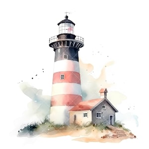 Puede incluir: Acuarela de un faro de rayas rojas y blancas con un techo negro y una peque&ntilde;a casa adosada. El faro est&aacute; en una playa de arena con hierba verde y un cielo azul de fondo.
