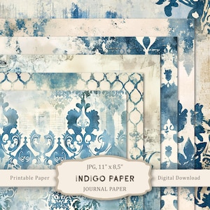 Papel índigo vintage, set imprimible en azul, hojas azules para cuaderno, papel para scrapbooking con estilo shabby chic, papel artesanal azul vintage, descarga digital