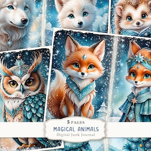 Magische Tiere- 5 Seiten Junk Journal Kit, Winter Tiere Journal, Winter druckbares Papier, Tiere Scrapbooking Papier, digitaler Download