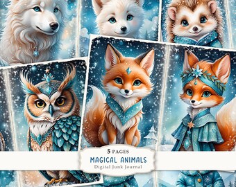 Magical Animals- 5 Pages Junk Journal Kit, Winter Animals Journal, Winter Printable Paper, Animals Scrapbooking paper, Digital download