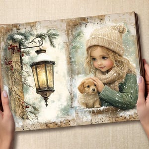 May include: A winter-themed illustration in an open book. The left page shows a snow-covered lantern and evergreen branches. The right page depicts a girl in a knit hat and scarf petting a puppy. Snowflakes and musical notes are scattered throughout.