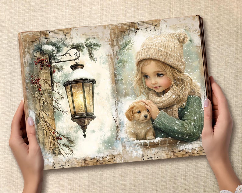 May include: A winter-themed illustration in an open book. The left page shows a snow-covered lantern and evergreen branches. The right page depicts a girl in a knit hat and scarf petting a puppy. Snowflakes and musical notes are scattered throughout.