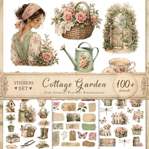 Cottage-Garten-Sticker für Junk Journals, druckbare Planer-Sticker, aufwendige Zuschnitte, florale Ephemera, Scrapbook, JPG