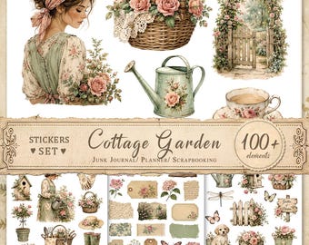 Cottage Garden Stickers for Junk Journals, Printable Planner Stickers, Fussy Cuts, Floral Ephemera, Scrapbook, JPG