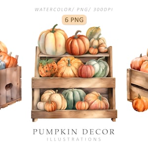 Aquarelle automne clipart - 6PNG, citrouilles d'automne clipart PNG, fabrication de cartes, cartes d'automne, agenda numérique, autocollants numériques, téléchargement numérique