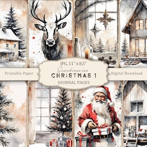 Pagine di diario di Natale scandinavo-1, pagine stampabili di Natale rustico, carta per album di ritagli invernale accogliente, collage stampabile, effimeri invernali