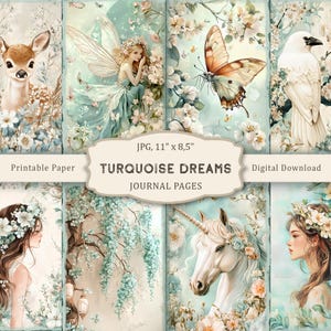 Zestaw Turquoise Dreams-2 Junk Journal, Kwiaty do druku, Zielony papier do scrapbookingu, Fantastyczny papier do kolaży, Ephemera Vintage