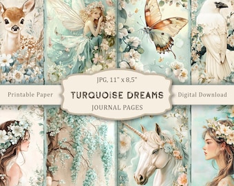 Turquoise Dreams-2 Junk Journal Kit, Flowers Printable Pages, Green Scrapbooking Paper, Fantasy Collage Paper, Vintage Ephemera