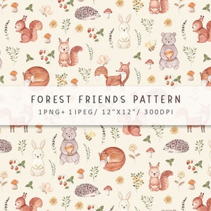 Modello foresta ad acquerello, modello animali del bosco, modello senza cuciture in tessuto, modello bambino, carta digitale, scrapbooking, carta foresta