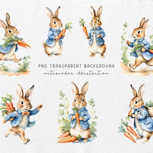 May include: Watercolor illustration of seven brown bunnies wearing blue shirts and holding carrots. The bunnies are standing on a white background with green grass and flowers.
