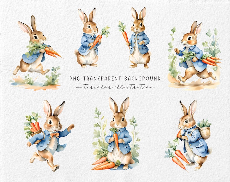May include: Watercolor illustration of seven brown bunnies wearing blue shirts and holding carrots. The bunnies are standing on a white background with green grass and flowers.