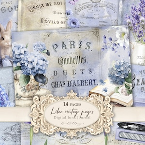 Kit de diario basura con páginas vintage en color lila, páginas azules para diario, diario floral, páginas de diario, papel imprimible, hoja de collage, material efímero vintage