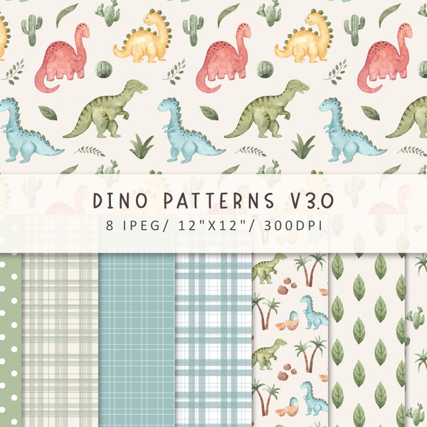 Dinosaur watercolor patterns, Fabric patterns, Baby Shower, Seamless patterns, Digital paper, Scrapbooking, Boy patterns, Dinosaurs birthday