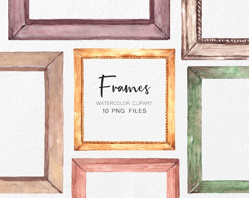 May include: Set of ten watercolor frames in various colors and styles, including gold, brown, pink, and green. The frames are all rectangular and have a simple design. The text "Frames Watercolor Clipart 10 PNG Files" is written in the center of the image.
