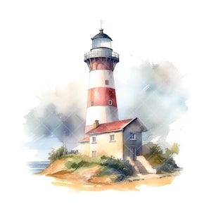 Puede incluir: Una pintura de acuarela de un faro de rayas rojas y blancas con una peque&ntilde;a casa adosada. El faro est&aacute; en un acantilado rocoso con hierba verde y arbustos. El cielo es azul claro con nubes blancas.