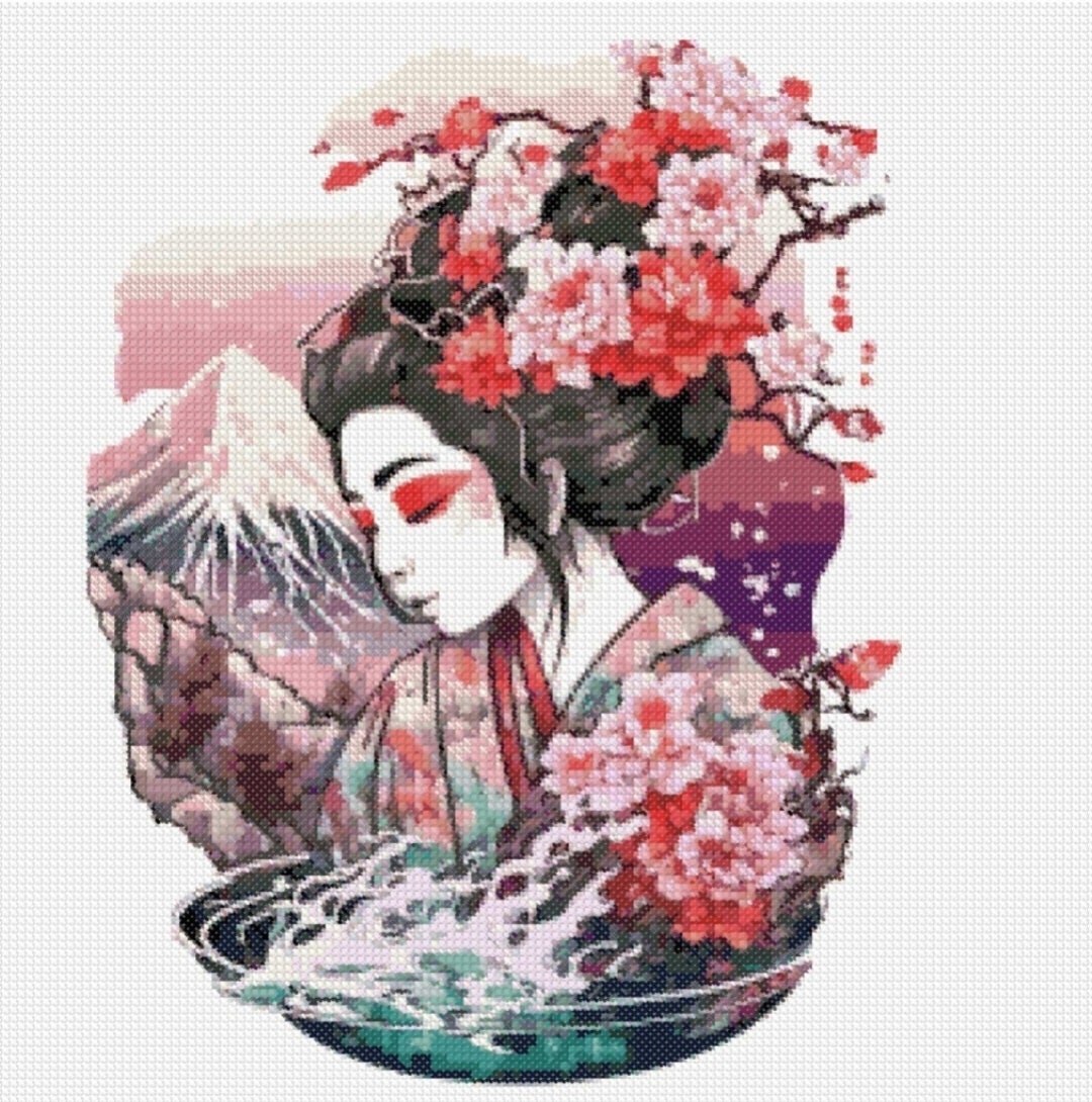 Geisha Cross Stitch Geisha Cross Stitch Pattern Pink Bloosom Etsy