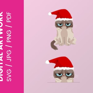 Może przedstawiać: Zrzędliwy kot w czerwonym kapeluszu Świętego Mikołaja. Kot siedzi w pierwszym obrazie i zagląda zza powierzchni w drugim obrazie.