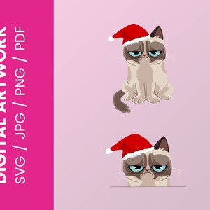 Może przedstawiać: Zrzędliwy kot w czerwonym kapeluszu Świętego Mikołaja. Kot siedzi na górnym obrazku i zagląda zza powierzchni na dolnym obrazku.