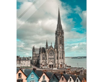 Cobh Cathedral with Colorful Houses on Acrylic Print