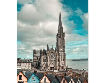 Cobh Cathedral with Colorful Houses on Aluminum Print