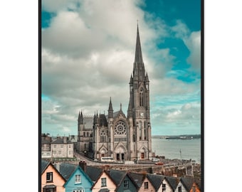 Cobh Cathedral with Colorful Houses on Museum-Quality Matte Paper Wooden Framed Poster
