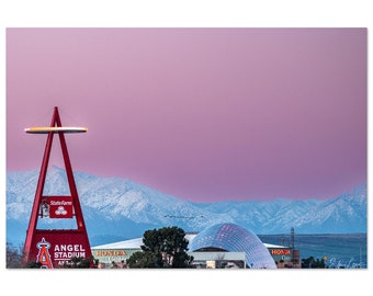 Angel Stadium with Snow Capped Mountains on Aluminum Print